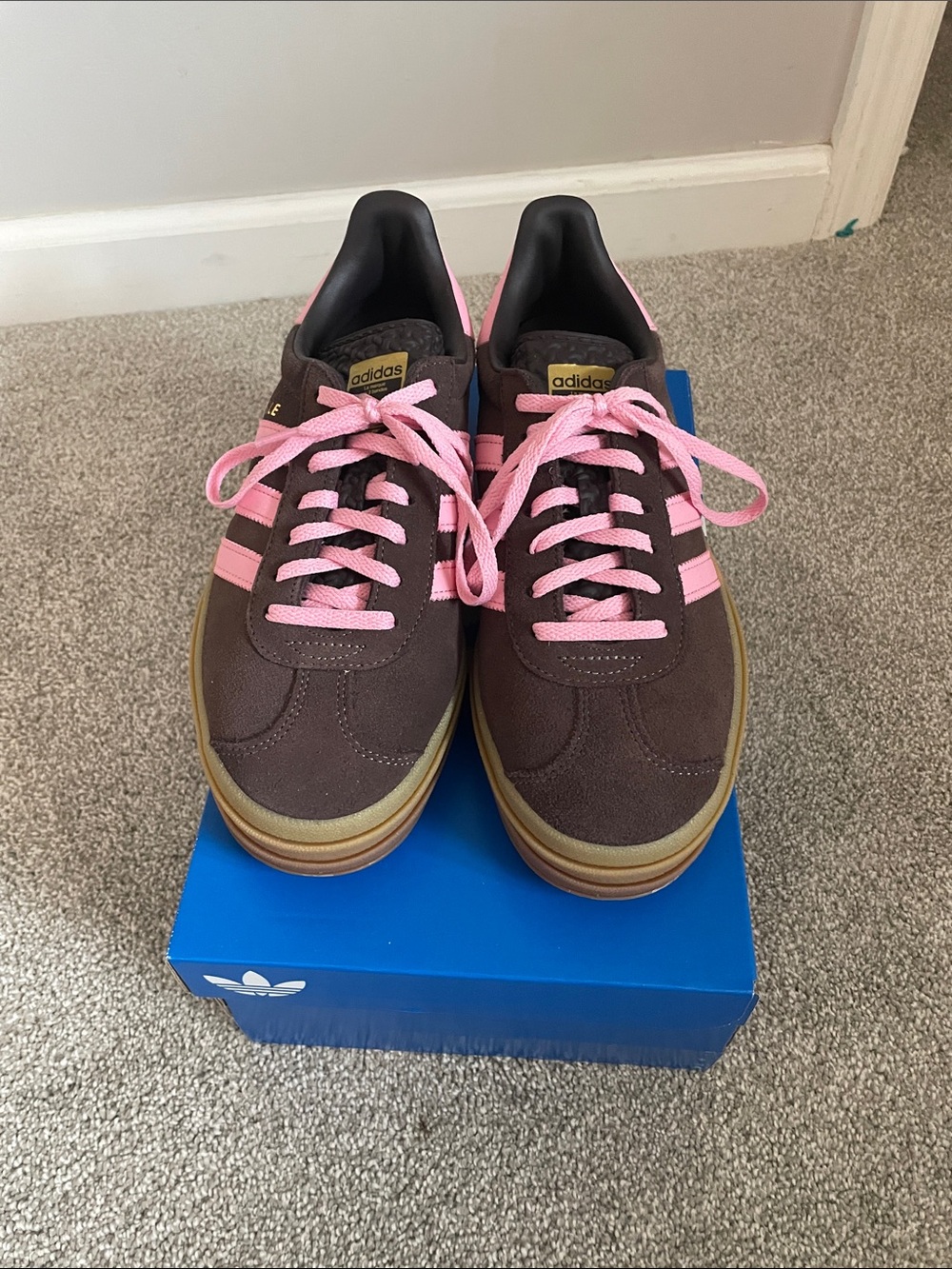 adidas Women’s Brown Sneakers with Pink Stripes and Laces